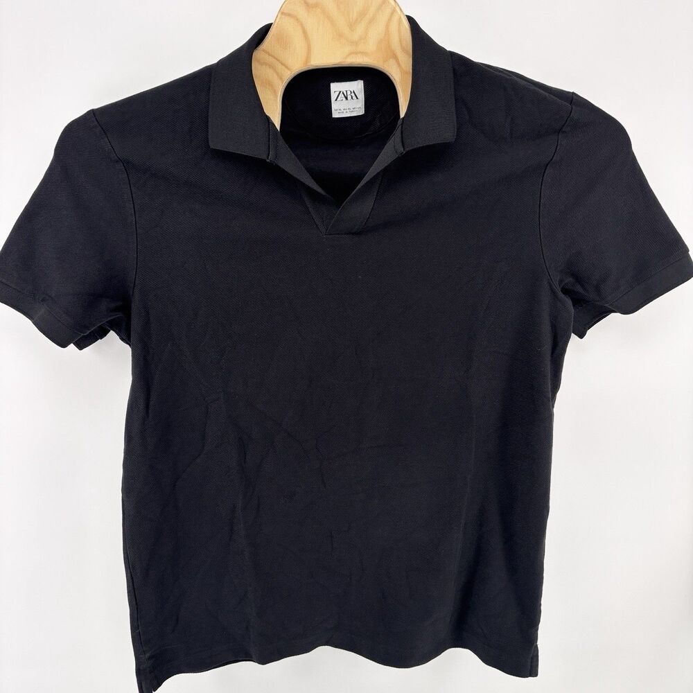 ZARA Men's XL Black Polo Shirt 92% Cotton Stretch Short Sleeve Turkey